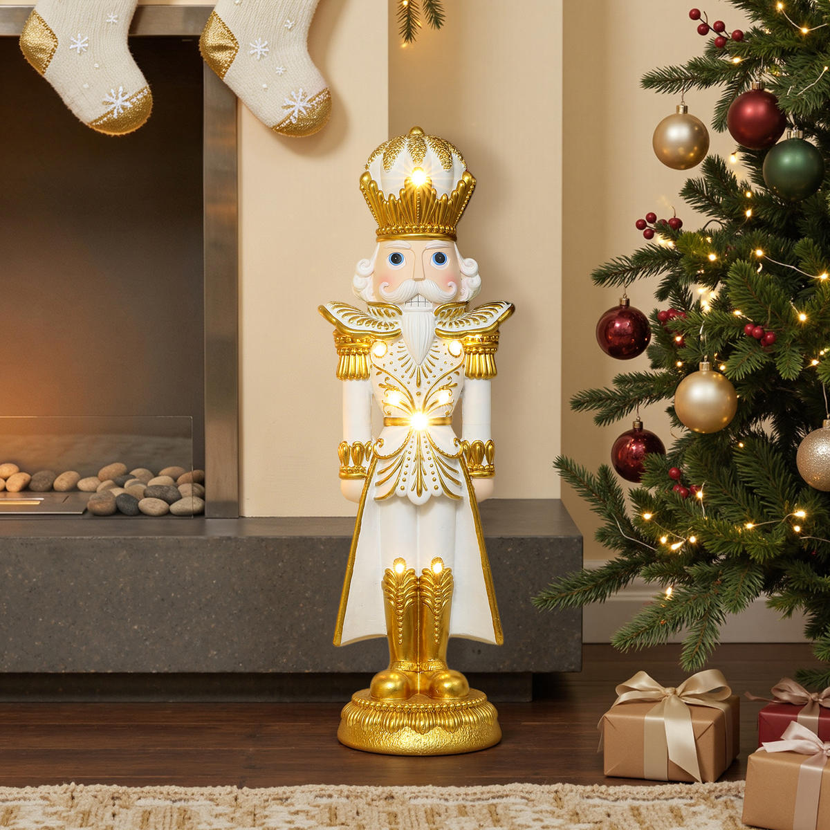 HOMETOPIA Nussknacker Figur 61 cm, Weihnachtsdeko mit 8 LEDs, Timer, MgO - Goldfarben, Naturmaterialien (16/61/19.5cm) - Hometopia