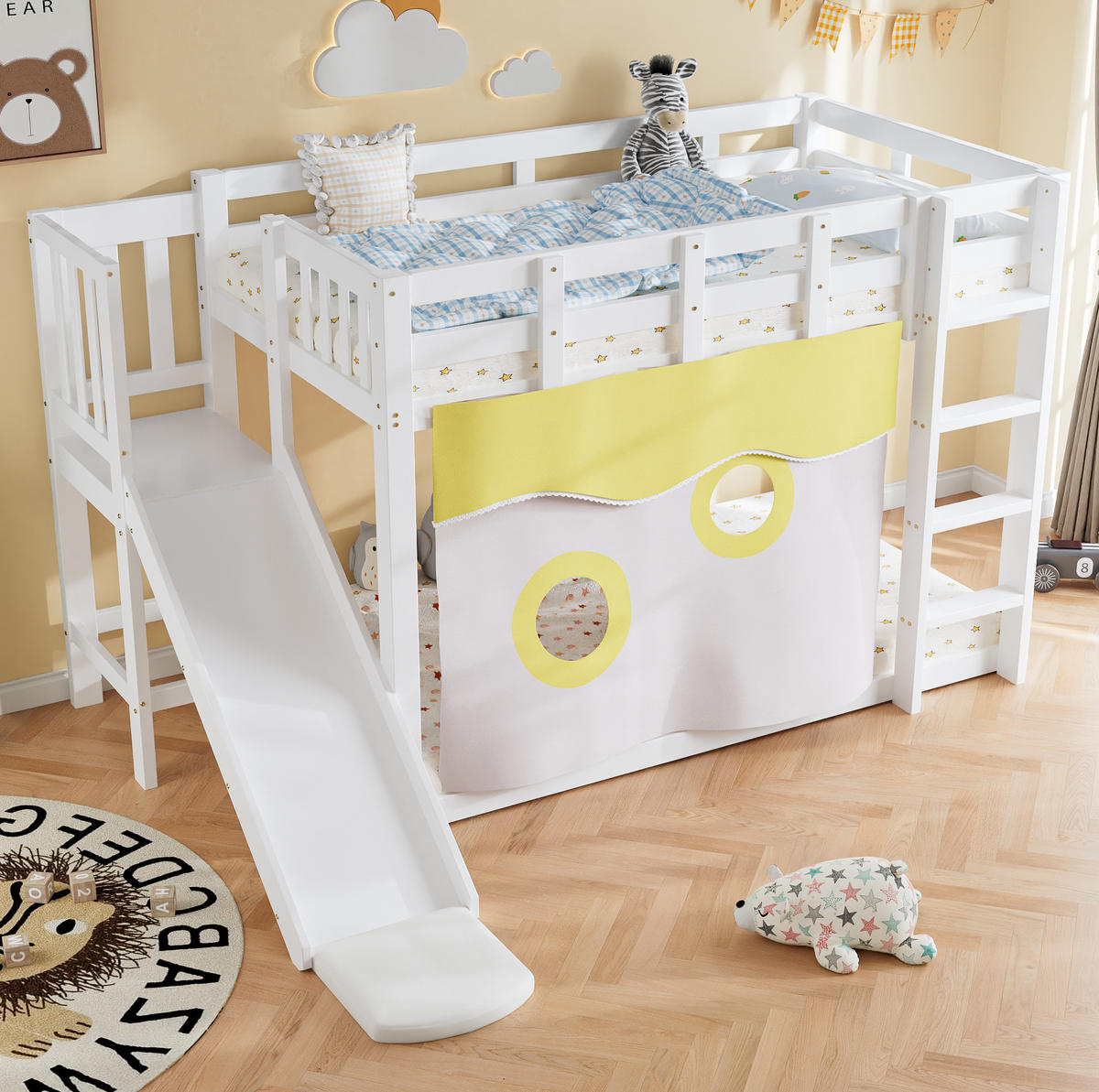 ETAGENBETT 90/200 cm mit Treppe, Rutsche, Bettvorhang und Fallschutz aus Holz, Weiß - Weiß, Holz (90/200cm) - Redom