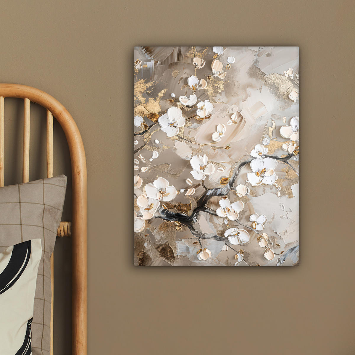 LEINWANDBILD Blumen - Weiß - Gold - Beige - Luxus Room Decor 30x40 cm - Greige, Textil (30/40cm) - MuchoWow