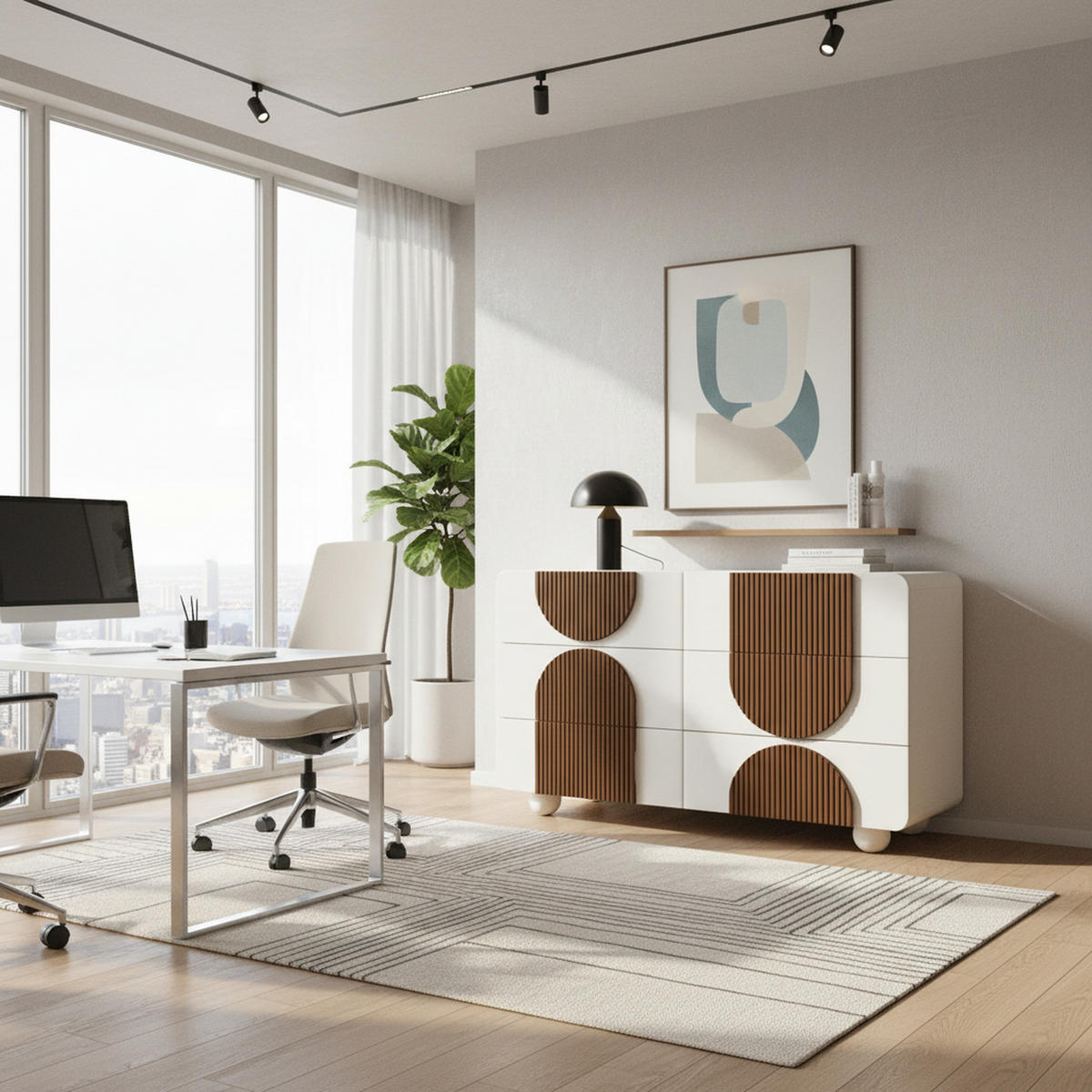 SIDEBOARD Weiß Holzleisten mit 6 Schubladen Geschwungenes Design 121×71 cm - Weiß, Holzwerkstoff (121/71/41cm) - Urban Meuble