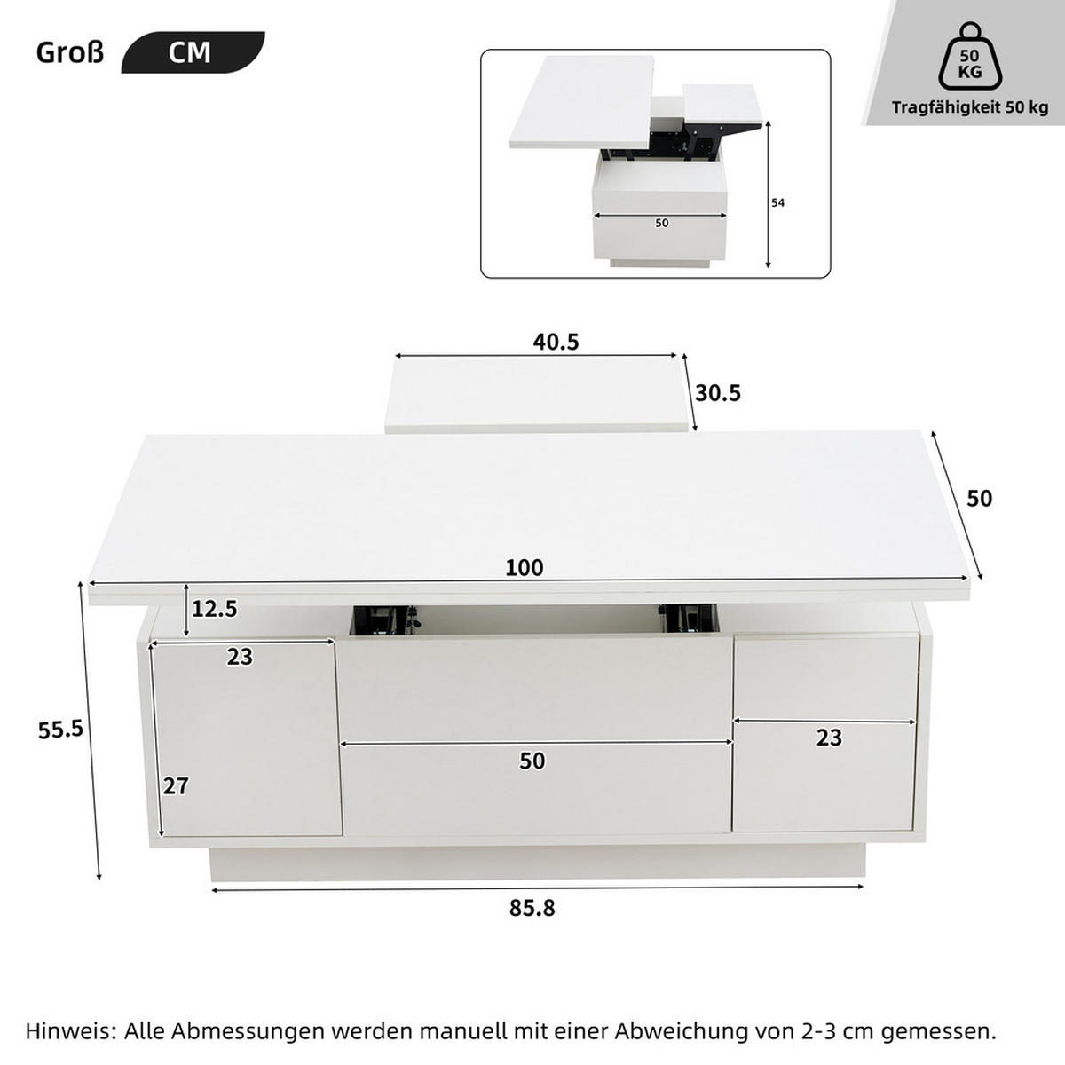 COUCHTISCH Doppel-Hebemechanismus Weiß Versteckter Stauraum 50kg Belastbar - Weiß, Holz (109/61/9.5cm) - FLIEKS
