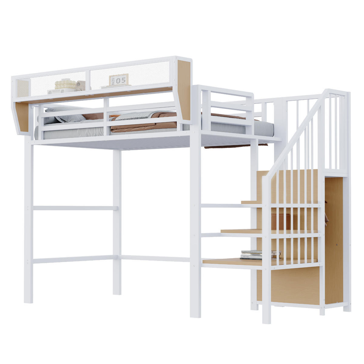 HOCHBETT 90/200 cm Weiß aus Metall mit Sicherheitsleiter und verstellbarem Ablagefach - Weiß, Metall (90/200cm) - OKWISH