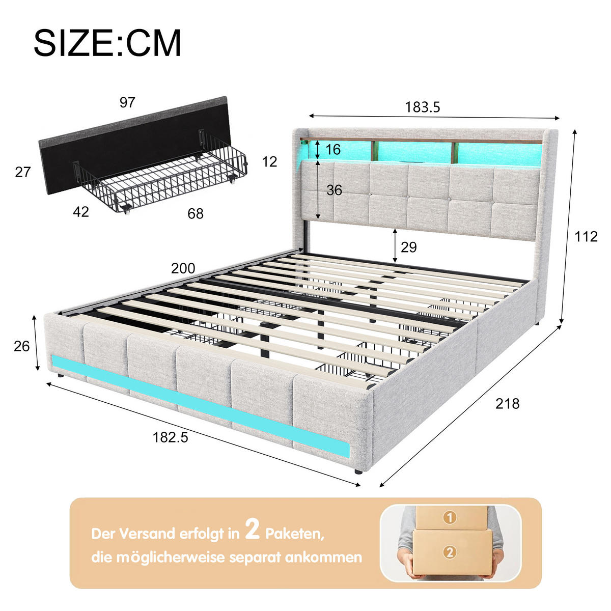 ČALÚNENÁ posteľ 180x200 cm béžová látka LED USB 4 zásuvky - béžová, kov - SHOPENTRA