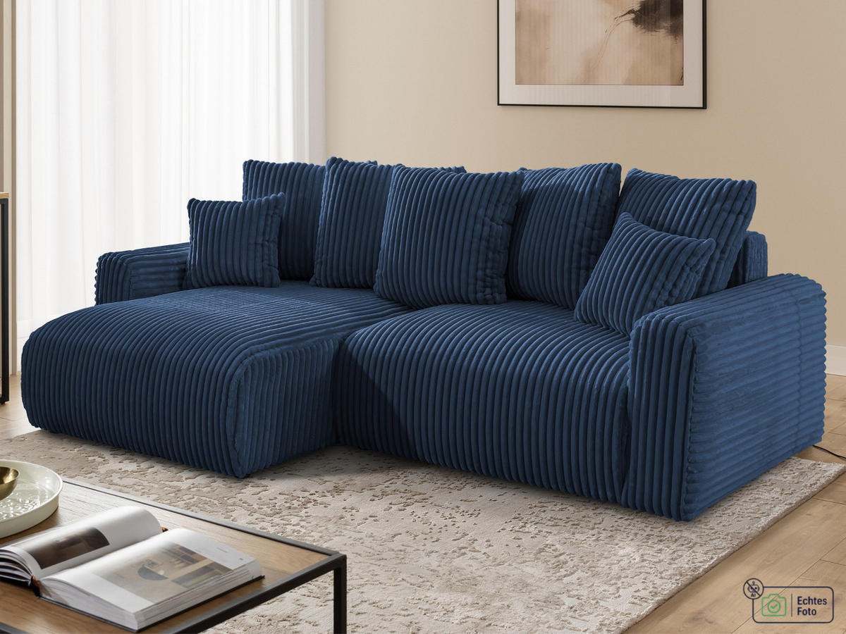 ECKSOFA Calma mit Schlaffunktion und Bettkasten im Bumpy-Design aus weichem Marineblau Plüschcord - Ottomane links - Blau/Schwarz, Holz/Kunststoff (239/140cm) - S-Style