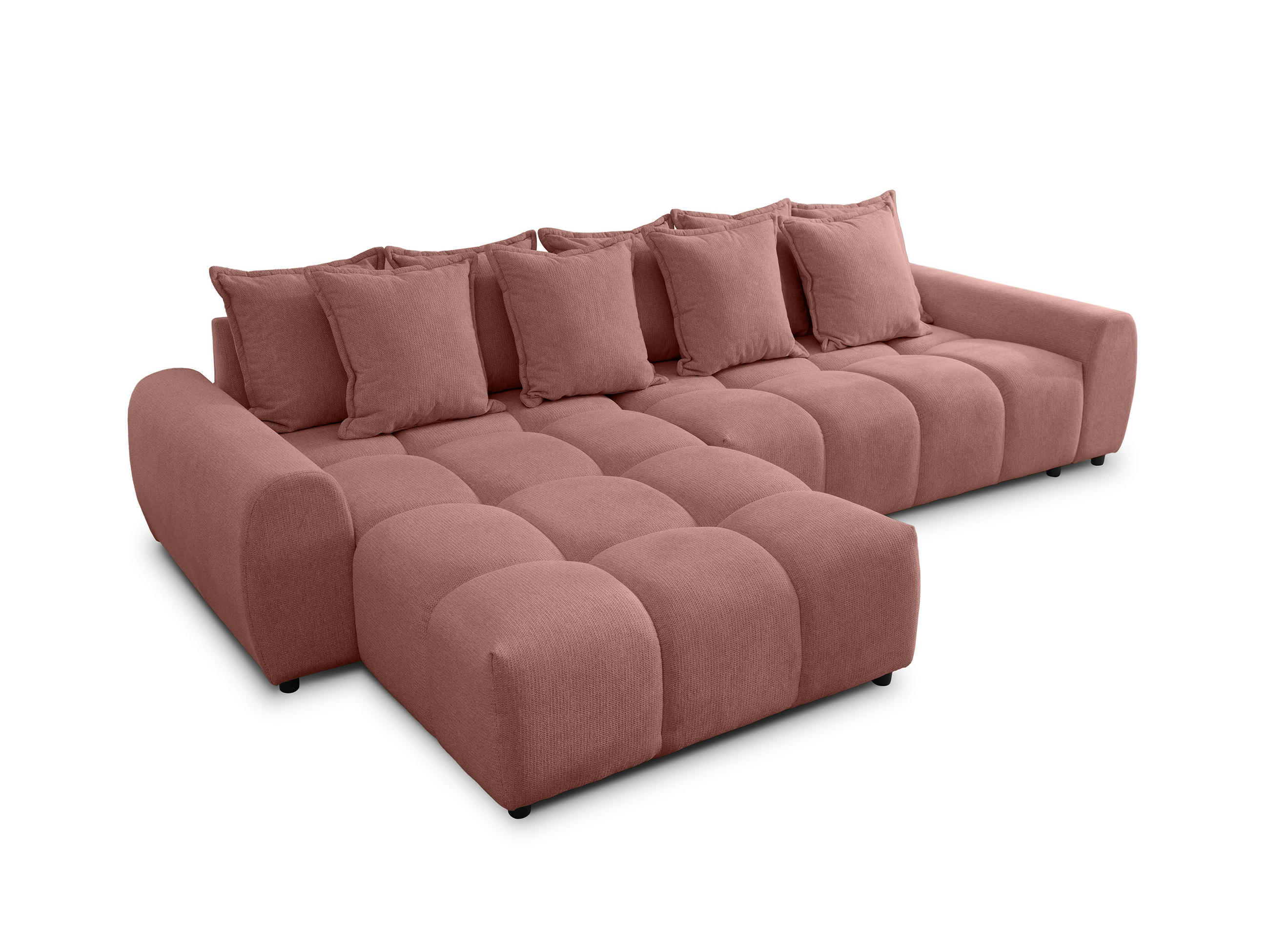 ECKSOFA Bubble mit losen Rückenkissen und Sitzfläche in Bubble-Optik aus weichem Terrakotta Strukturstoff mit schöner Sitzkomfort - Ottomane links - Terracotta/Schwarz, Holz/Kunststoff (180/306cm) - S-Style Möbel