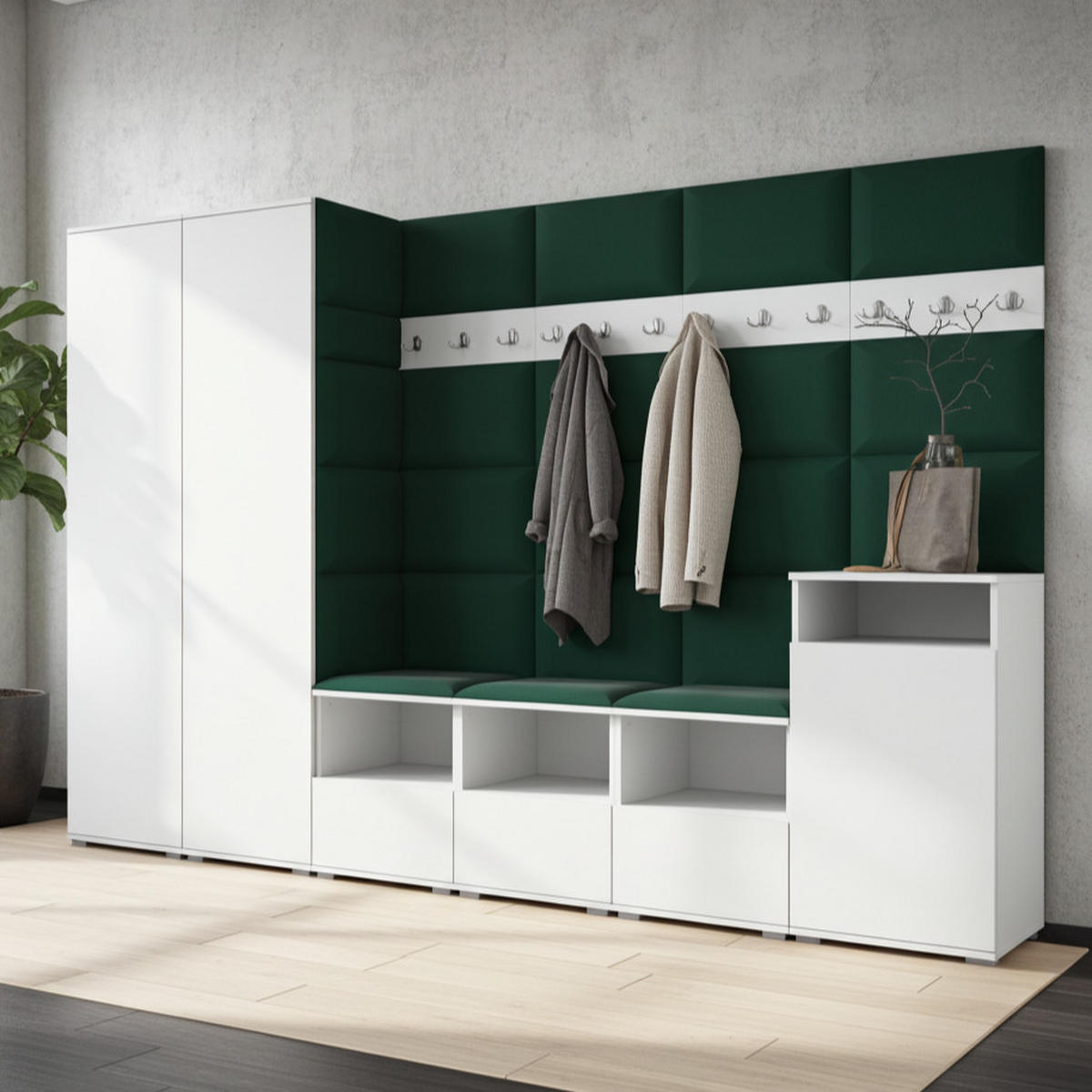 GARDEROBE NELA XII 300 cm (Modulare Flurmöbel Weiß mit Sitzpolster Flaschengrün 28 Gigantisches Set) - Dunkelgrün/Silberfarben, Holz/Holzwerkstoff (300/187/40cm) - Ravio