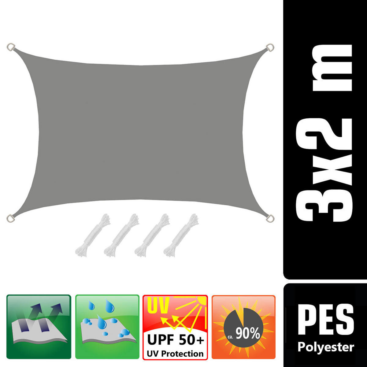 SONNENSEGEL Wasserdicht 300/200 cm Grau - Grau, Kunststoff (200/300cm) - Amanka