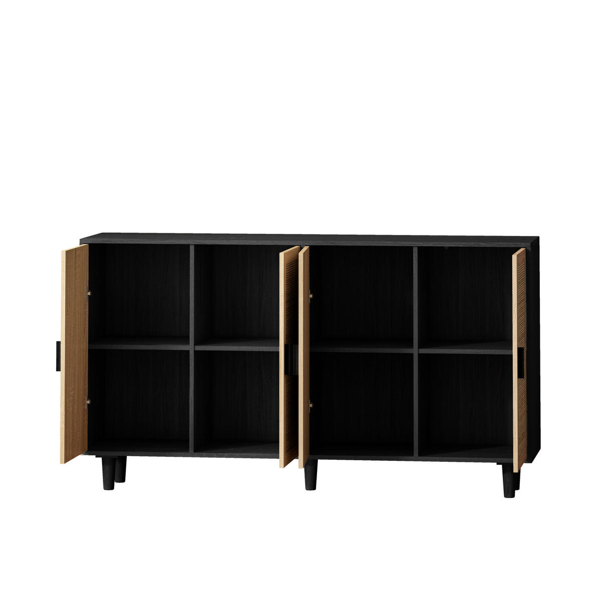 SIDEBOARD 158/40/88 cm mit 4 Rattantüren in Schwarz & viel Stauraum - Schwarz, Holzwerkstoff (158/88/40cm) - BEAOK