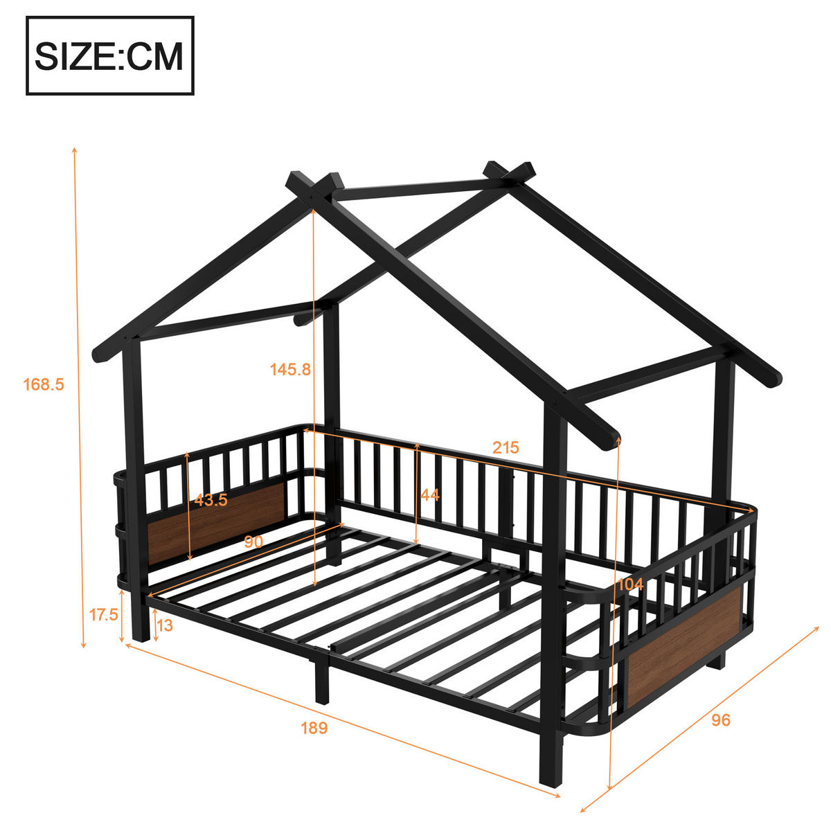 KINDERBETT 90/200 cm in Schwarz mit Sicherheitsgitter und Dachrahmen - Schwarz, Metall - STILVORA