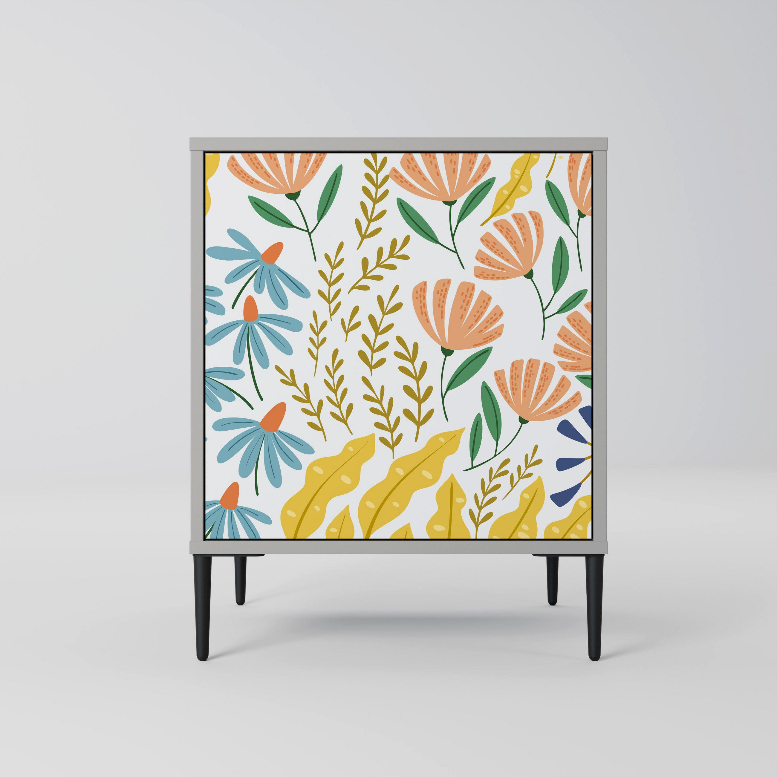 SIDEBOARD HELLO SPRING, Grau, 57,5x42x72,5 cm, Schwarze Metallfüße - Multicolor/Schwarz, Holzwerkstoff/Metall (57.5/72.5/42cm) - SpaceRebels