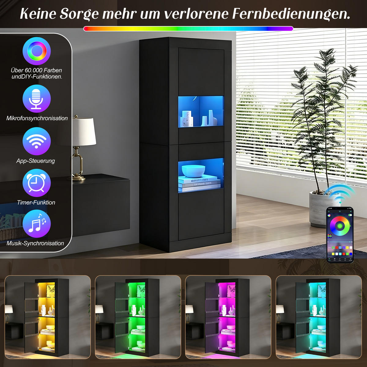 VITRINE DE-37762 mit LED-Beleuchtung und Glasböden Schwarz - Schwarz, Holzwerkstoff (61/162/42cm) - ComfortXL