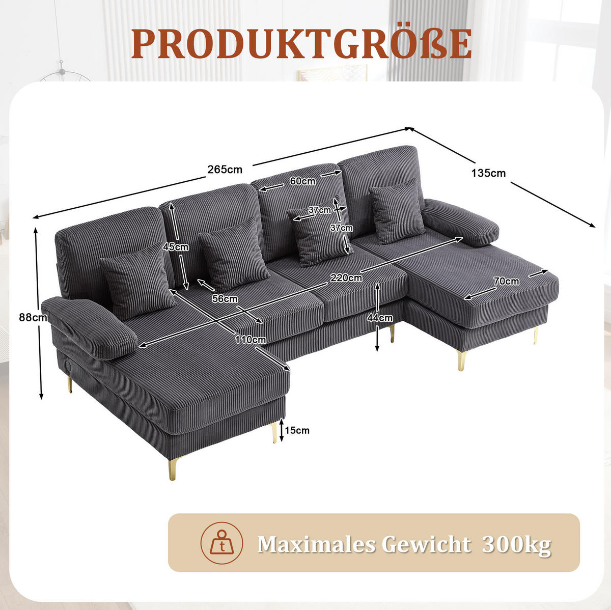 U-FORM Wohnlandschaft Samt mit LED und USB-Anschluss 265/135/88 cm Grau - Grau, Textil (135/88/265cm) - Redom