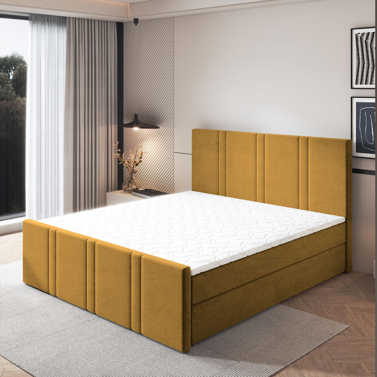 POSTEL BOXSPRING COMOZA 160x200 cm, s matrací a úložným prostorem, žlutá - žlutá, kompozitní dřevo/textil (160/200cm) - MASSENO