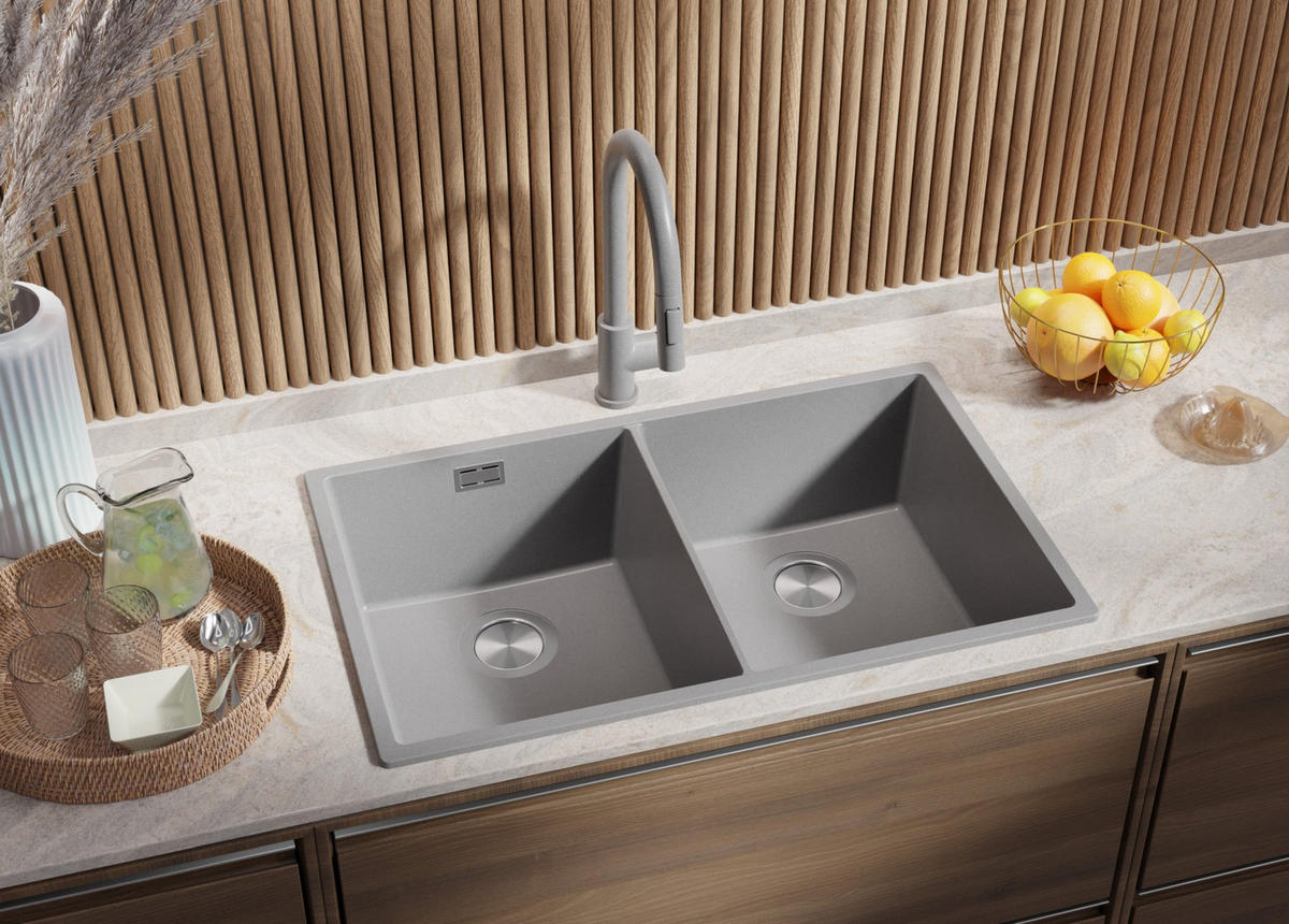 GRANITSPÜLE London Slim Twin, 2-er set Grau 76/47 cm 2 Becken + Küchenarmatur 40/20 cm + Ablauf-Set ab 80er Unterschrank - Chromfarben/Grau, Kunststoff (76/20/47cm) - Primagran