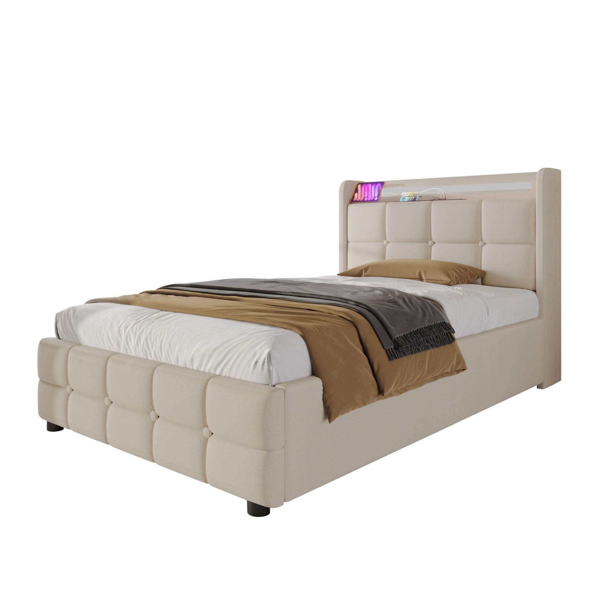POLSTERBETT aus Holz 90x200 cm in Beige mit LED & USB-Ladestation - Beige, Holz (90/200cm) - Modfu