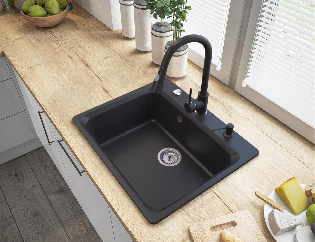 GRANITSPÜLE Zante mit Siphon Batterie - Schwarz, Kunststoff/Stein (62/53/20cm) - Granitan