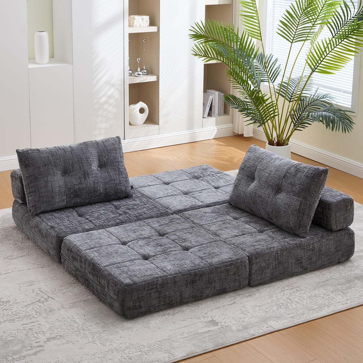 SCHLAFSESSEL Klappbares mit Kopf und Lumbalkissen grau Chenille 200/90/75 cm - Grau, Textil (79/57/79cm) - OKWISH