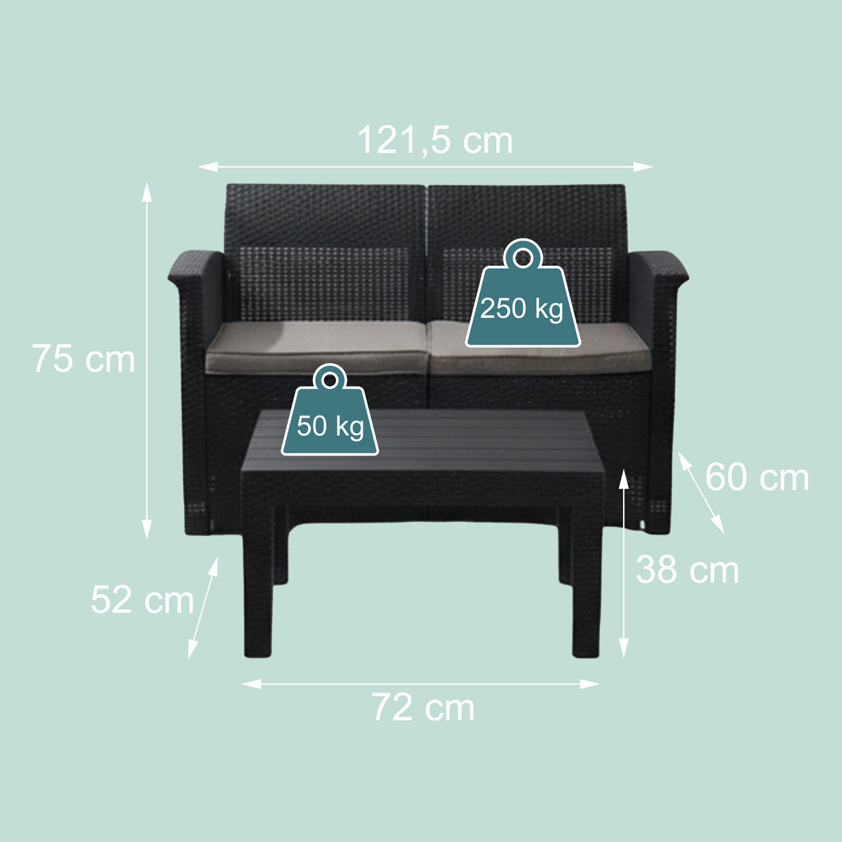 SET Natural mobilier de grădină 4-piese poliratan - negru, material plastic/material textil - Relaxdays