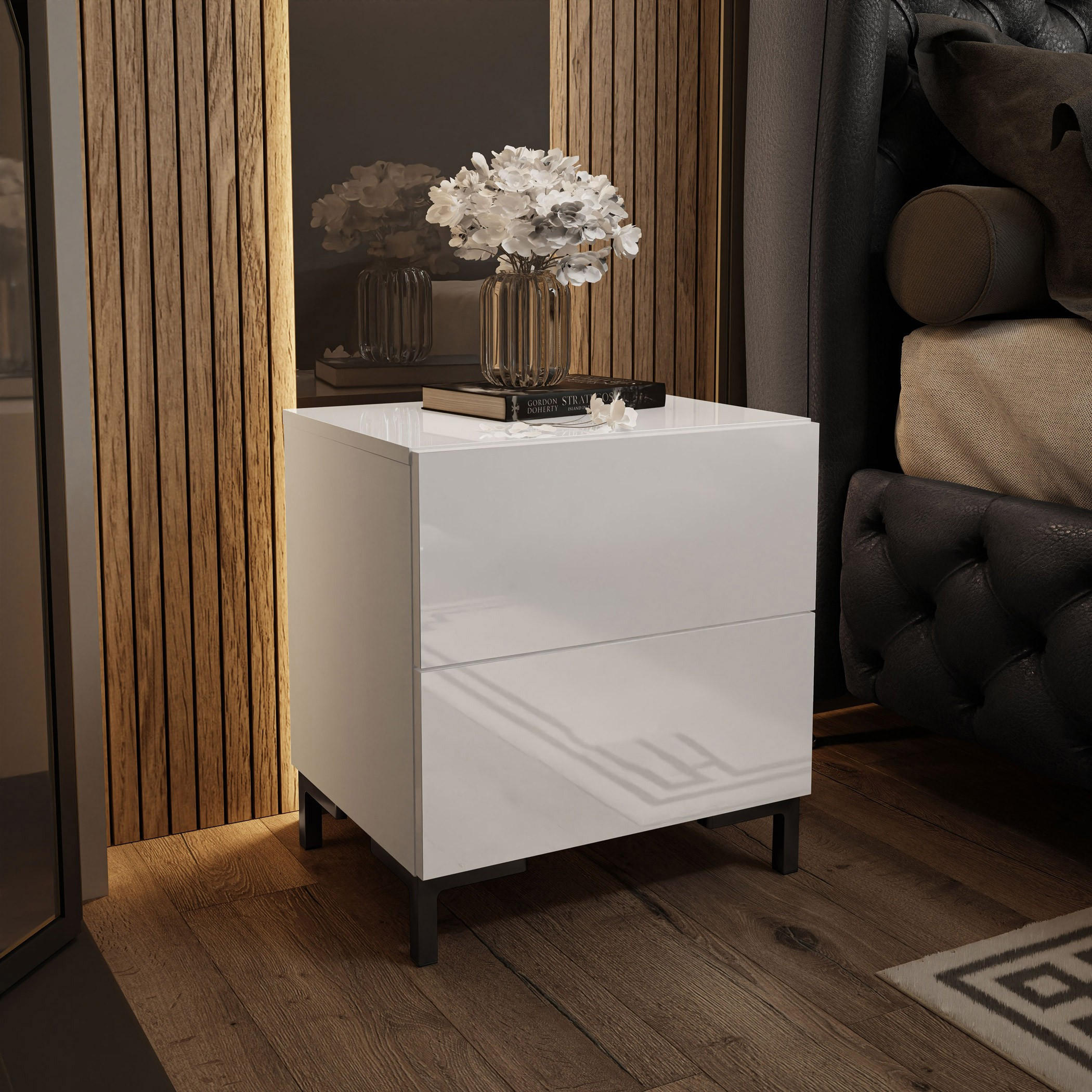 NACHTTISCH LINA LUX mit Beinen, Hochglanzplatte – Beinfarbe: Schwarz - Weiß, Holzwerkstoff (45/50/38.5cm) - Lookway