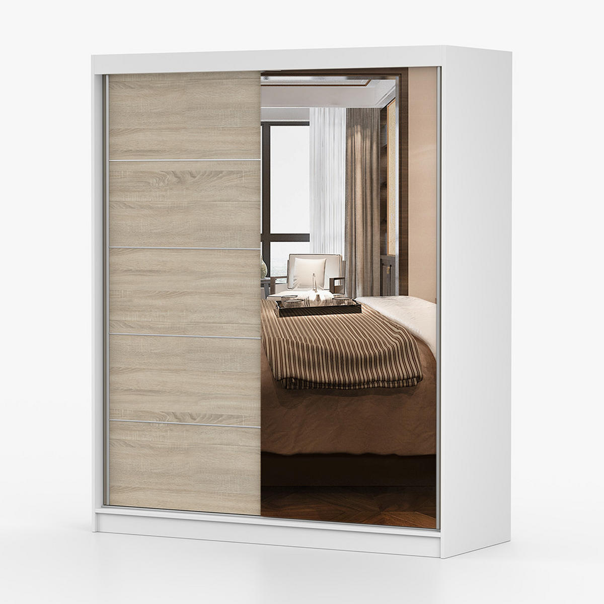 SCHWEBETÜRENSCHRANK Bono 05 Weiß/Sonoma Eiche mit Spiegel 160 cm - Alufarben/Weiß, Glas/Holzwerkstoff (160/195/61cm) - imoebel24