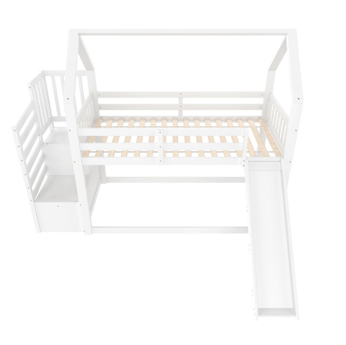 ETAGENBETT Hausbett mit Rutsche und Stauraumtreppe, 90/200 cm, Weiß, ohne Matratze - Weiß, Holz (90/200cm) - MIVRAY