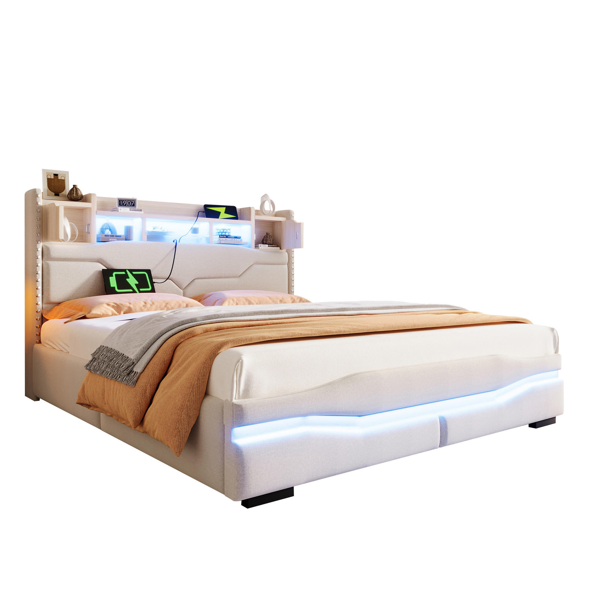 POLSTERBETT 160/200 cm Beige aus Leinen mit LED-Beleuchtung und Stauraum - Beige, Textil (160/200cm) - OKMYHOME