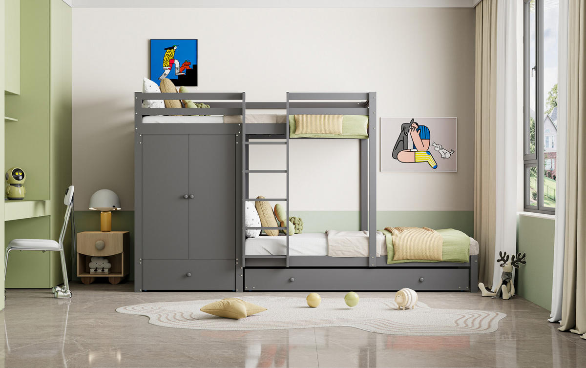 ETAGENBETT 90/200 cm, Grau mit Ausziehbett und Kleiderschrank - Grau, Holz (90/200cm) - MIVRAY