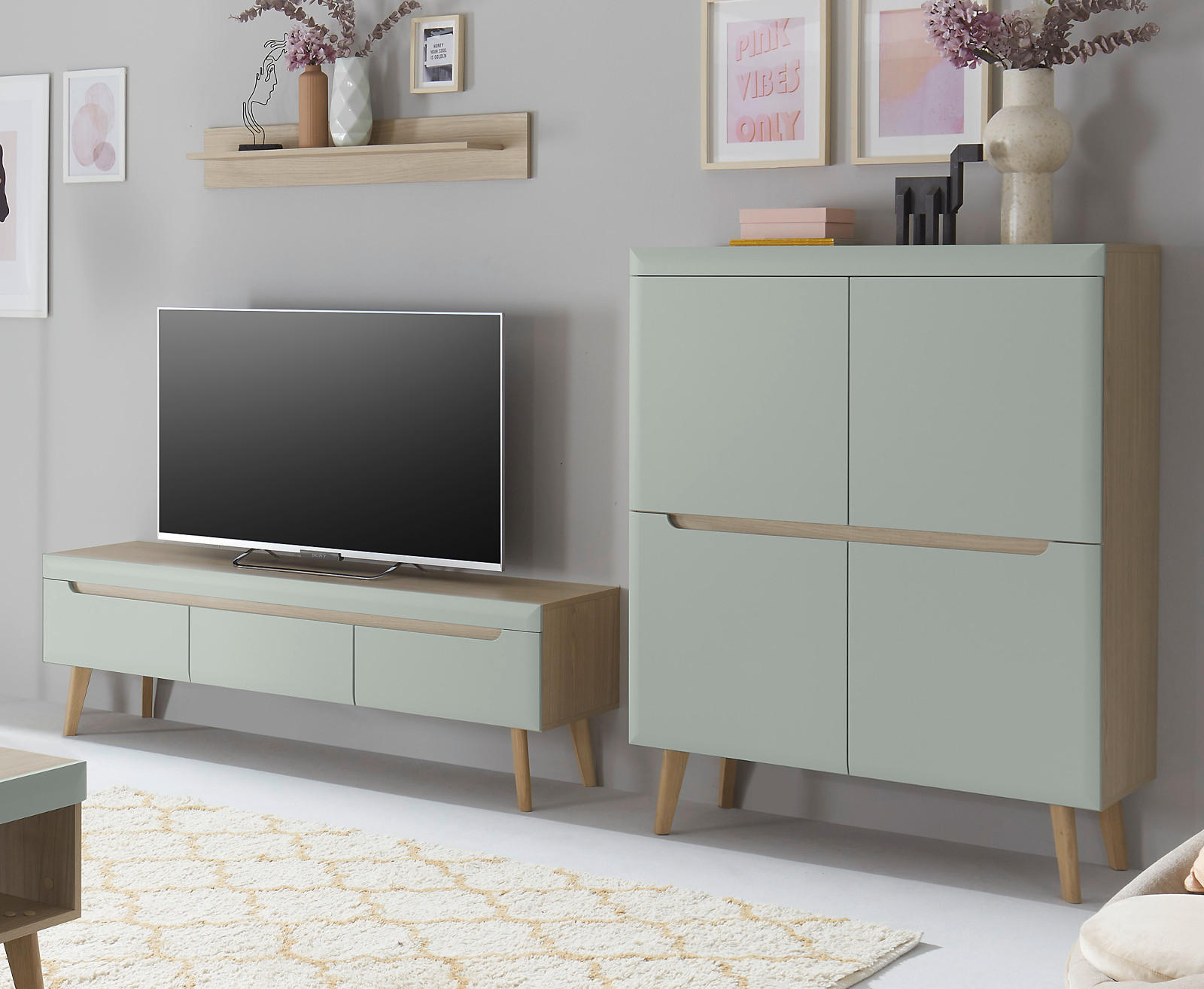 WOHNWAND 3-teilig pistazie grün, Eiche, skandinavisch 287 cm, Schrankwand mit Soft-Close - Eichefarben/Pastellgrün, Eichenholz/Holz (287/170/40cm) - Furn.Design