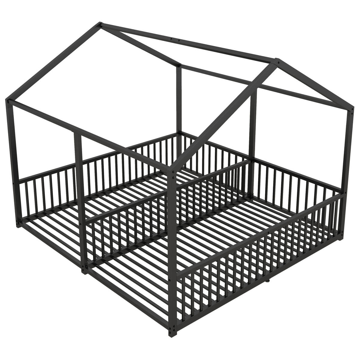 METALLBETT 90/200 cm in Schwarz mit Leiter und Sicherheitsgeländer im Hausbett-Design - Schwarz, Metall (90/200cm) - Flora Grace