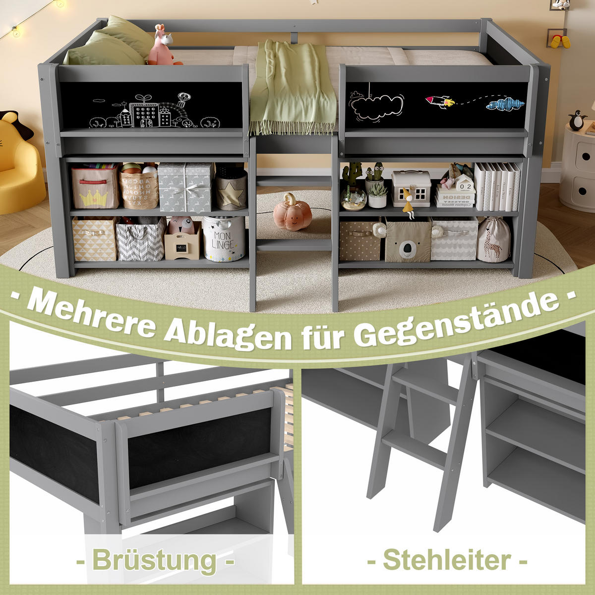 HALBHOHES BETT 90x200cm Grau Kiefer Einlegeböden Geländer Leiter - Grau, Holz (90/200cm) - FLIEKS