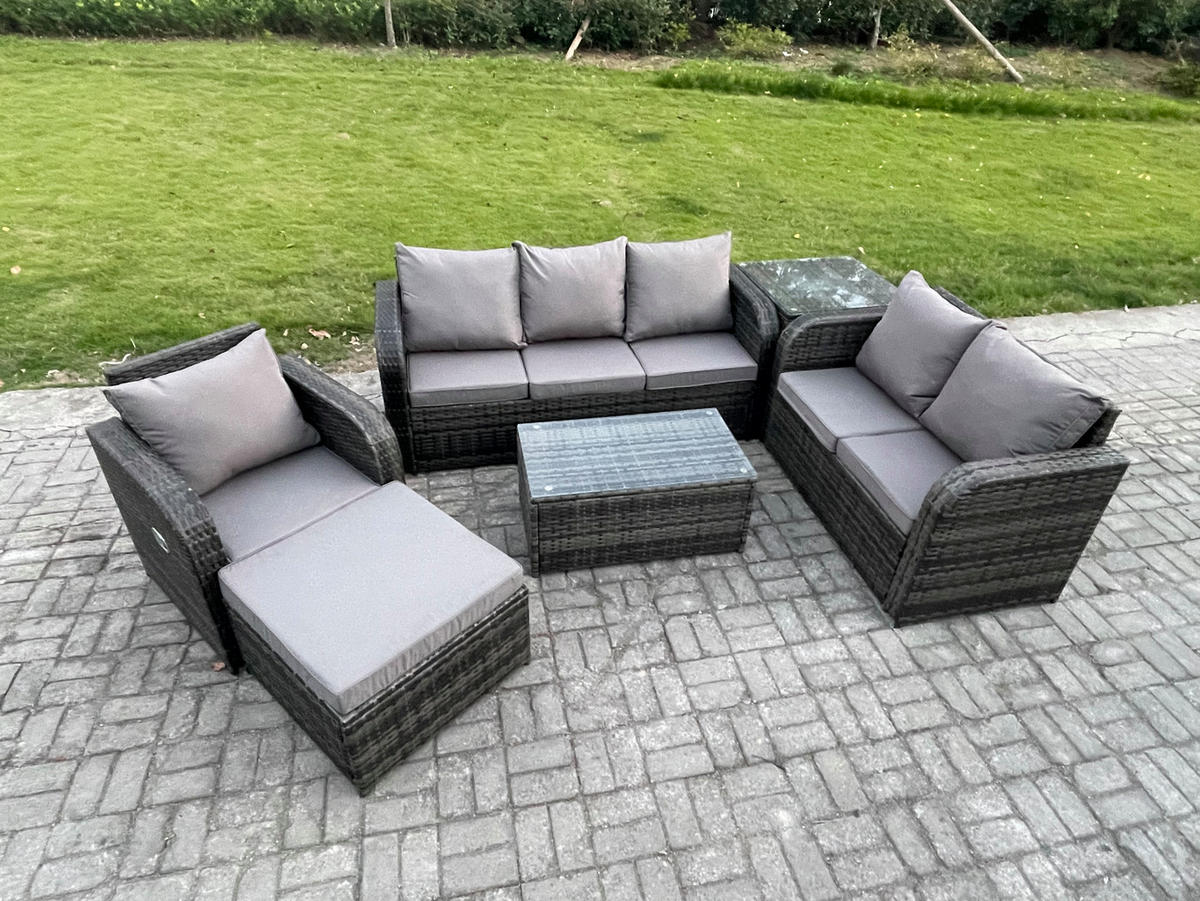 GARTENSET Polyrattan Dunkelgrau 7-Sitzer - Dunkelgrau/Grau, Glas/Kunststoff - Fimous