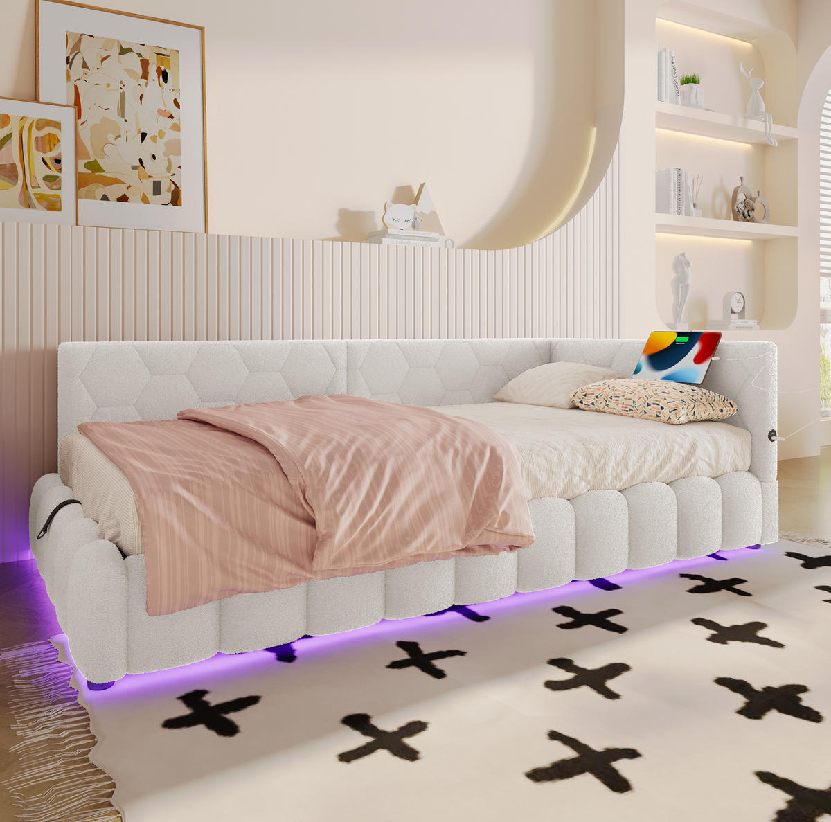 POLSTERBETT 90/200 cm Weiß aus Vliesimitat und MDF mit LED-Lichtleiste - Weiß, Textil (90/200cm) - OKMYHOME