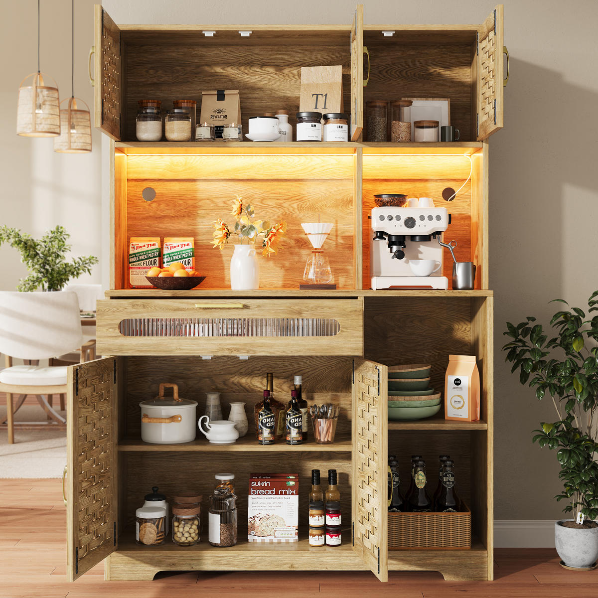 GESCHIRRSCHRANK aus MDF/Glas/Metall 120x40x180 cm in Natural mit LED - Naturfarben, Holzwerkstoff (120/180/40cm) - Modfu