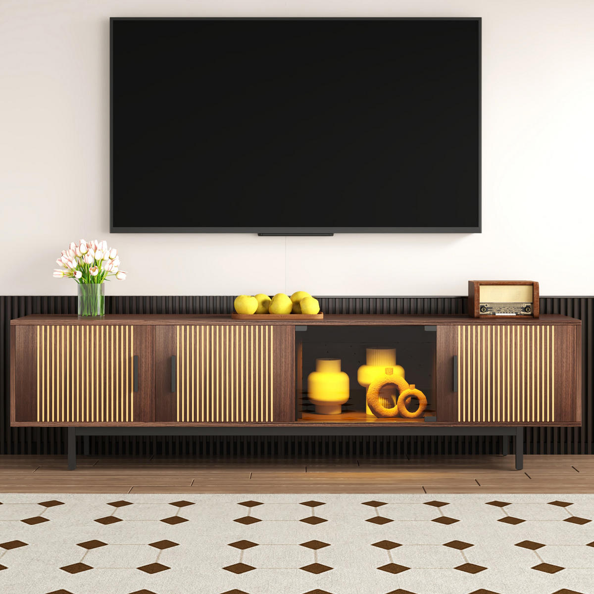 TV-STÄNDER 200/35/53 cm schwarz und Walnussbraun MDF mit intelligentem LED-Lichtstrip und Glastüren - Schwarz, Holzwerkstoff (200/53/35cm) - OKWISH