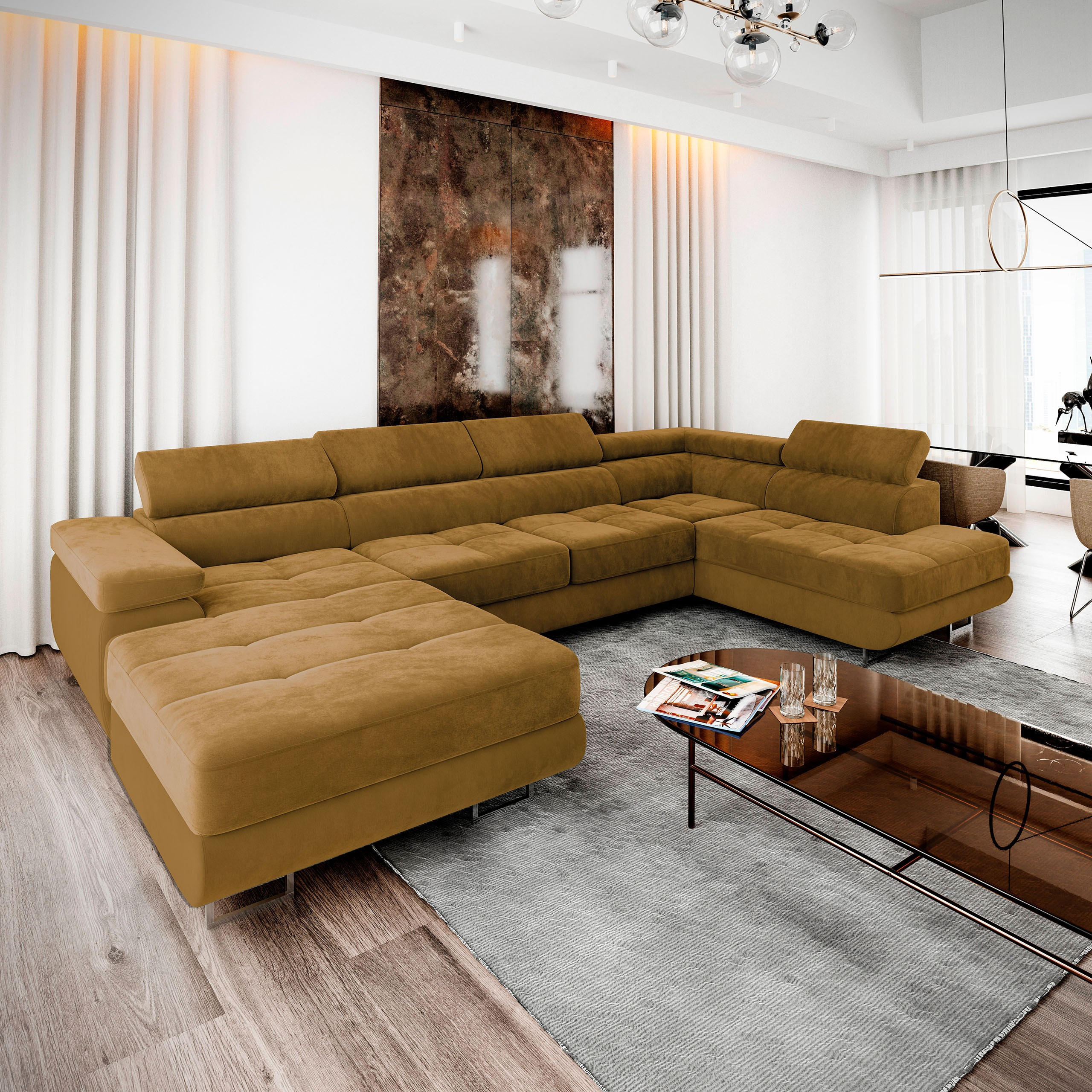 WOHNLANDSCHAFT CASONE R-S Gelb Velours-Stoff mit Schlaffunktion - Gelb, Holz (345/90/202cm) - MASSENO