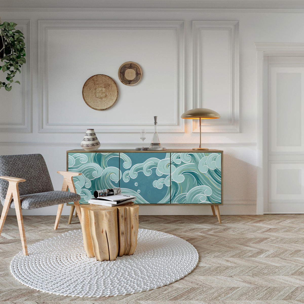 SIDEBOARD ASIAN SWAY, Eicheneffekt, 164,5x42x77,5 cm, 3 Türen - Eichefarben/Buchefarben, Holzwerkstoff/Buchenholz (164.5/77.5/42cm) - SpaceRebels
