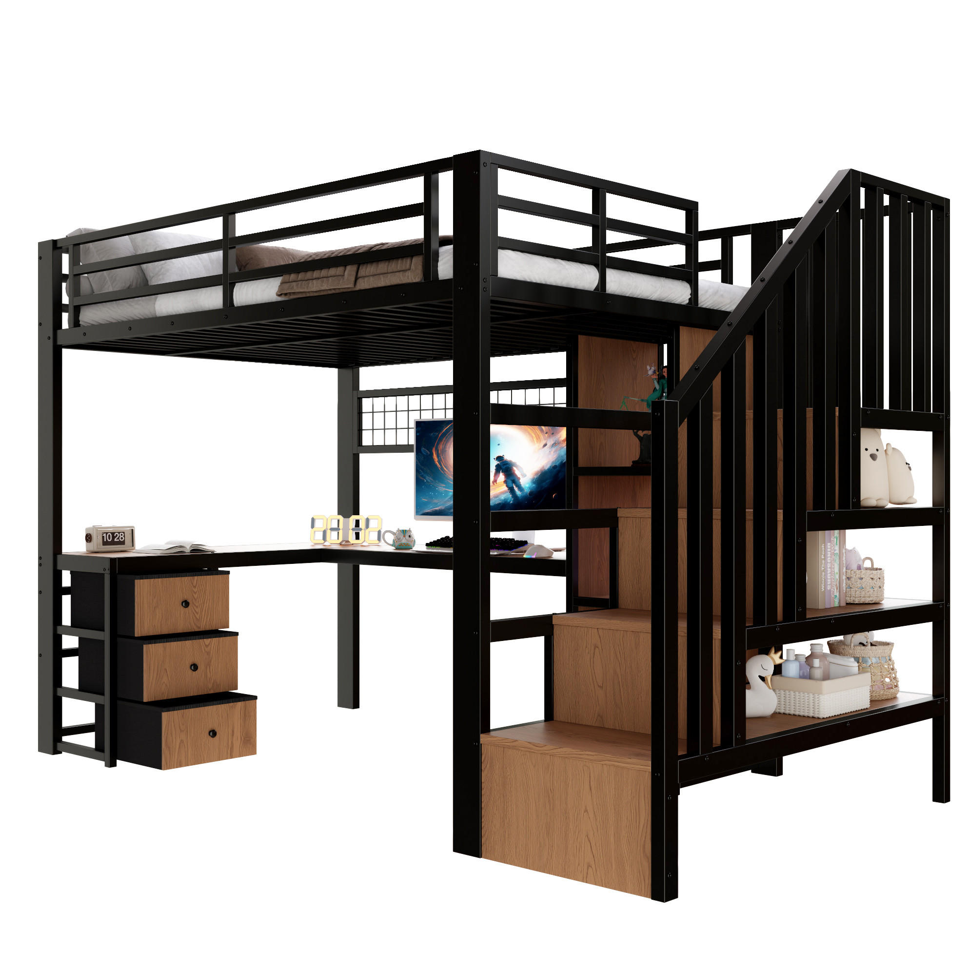 HOCHBETT 90/200 cm schwarz aus Metall und MDF mit LED und Stauraum - Schwarz, Metall (90/200cm) - OKWISH