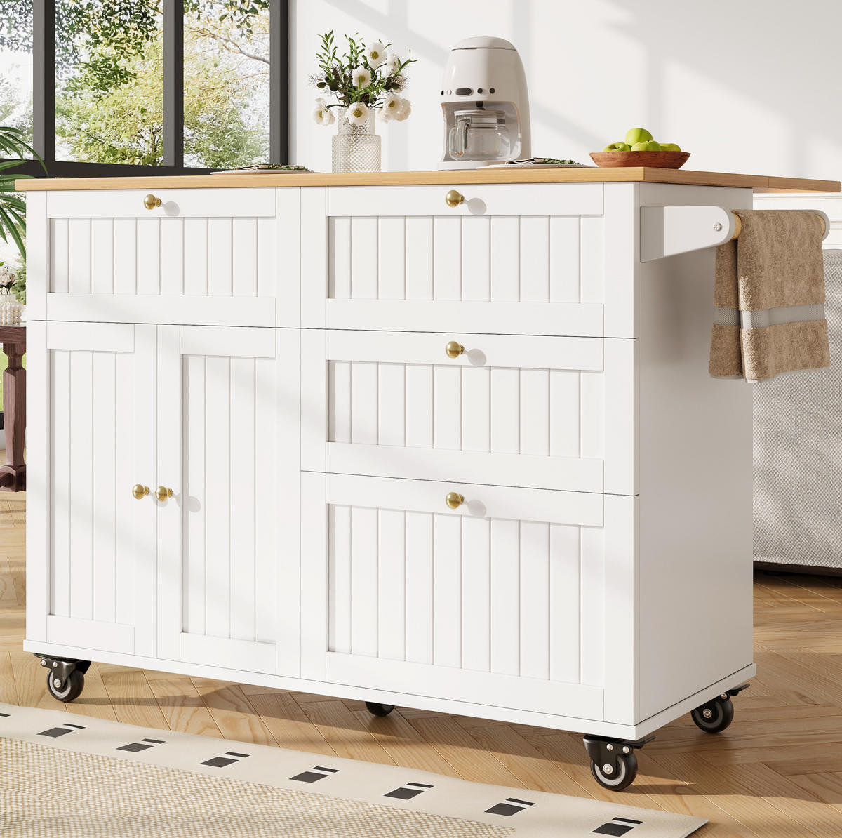 KÜCHENINSEL aus MDF 133x37,3/70x88 cm Weiß mit Rollen, Stützfüßen und Klapptür mit Kettenbremse - Weiß, Holzwerkstoff (133/88/37cm) - Modfu