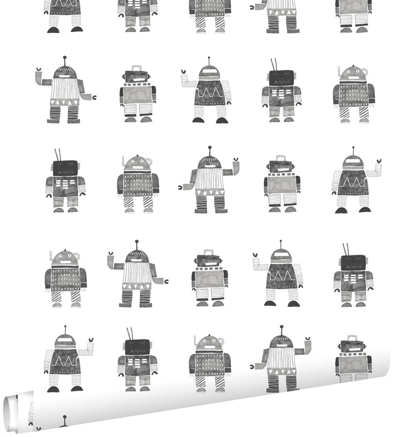 TAPETE gezeichnete Vintage-Spielzeug-Roboter 53 cm x 10.05 m - Schwarz, Papier (53/0.1cm) - ESTAhome