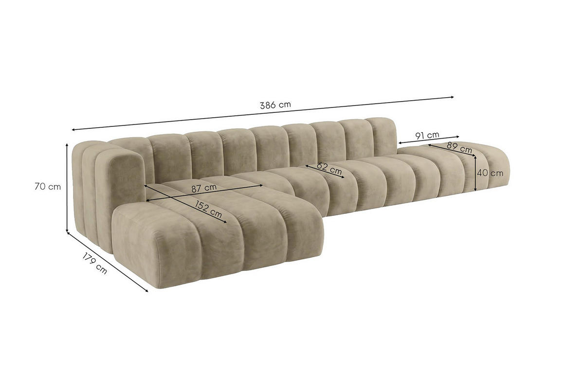 ECKSOFA Modulares In L-Form Mit Hocker, Velvet-Stoff Riviera, Beige, Links, GRAND - Beige, Holz (386/179cm) - Kaiser Möbel