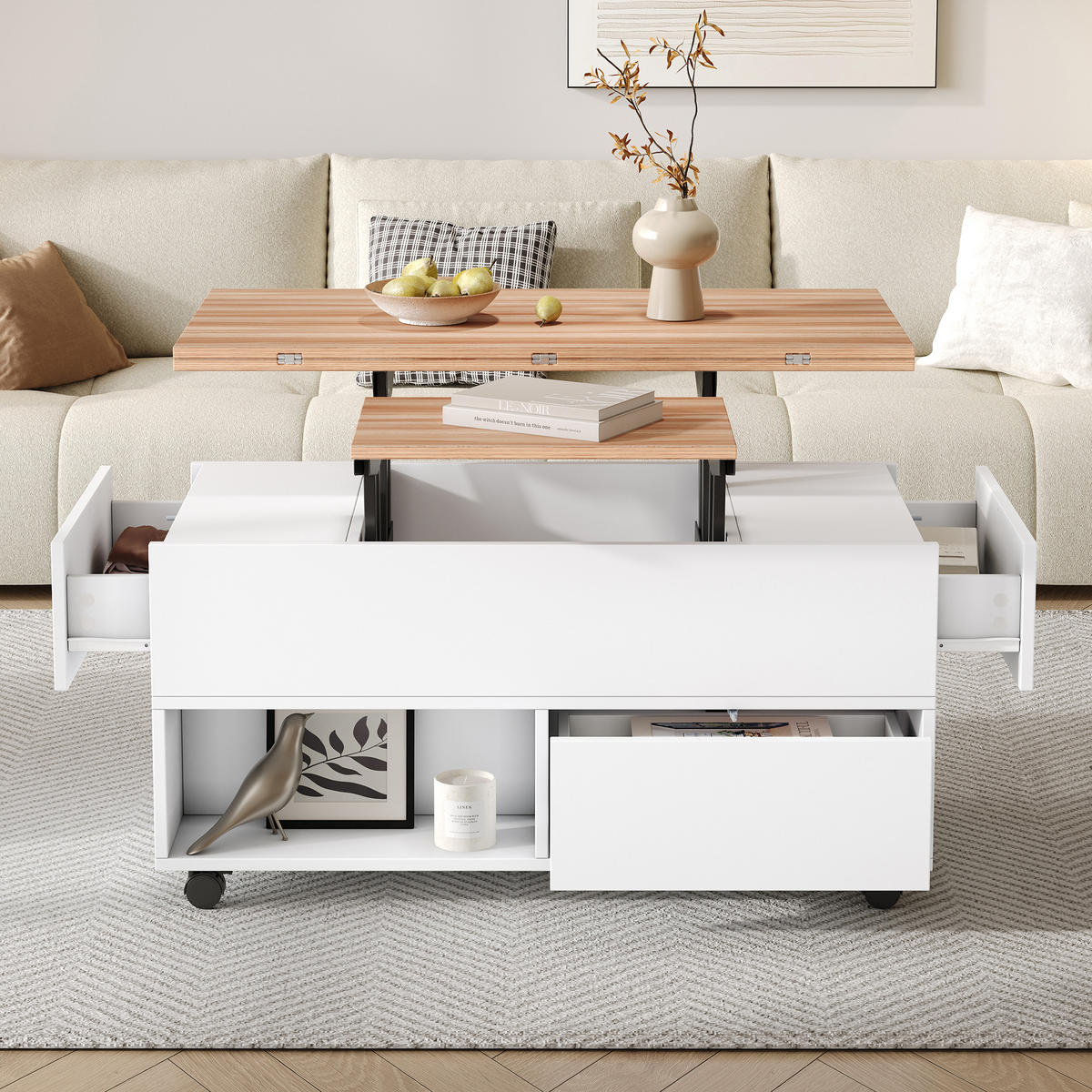 COUCHTISCH Weiß/Eiche 100/50/52 cm mit Hubfunktion, Rollen und Stauraum - Weiß, Holzwerkstoff (50/100/52cm) - PANGIVO