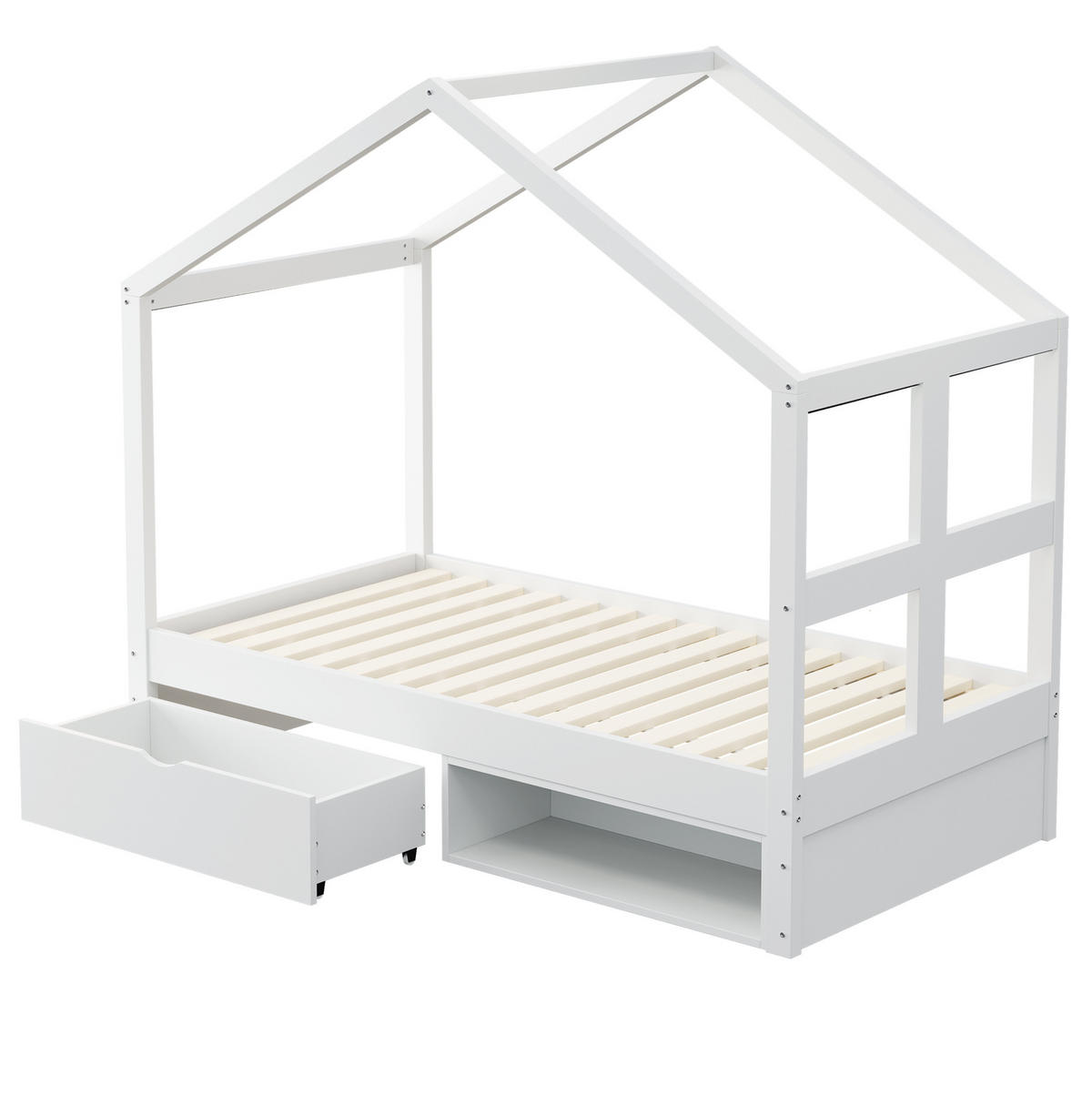 JUGENDBETT 90/180 cm weiß aus Holz mit LED, Schublade und Schuhschrank - Weiß, Holzwerkstoff (90/190cm) - OKWISH