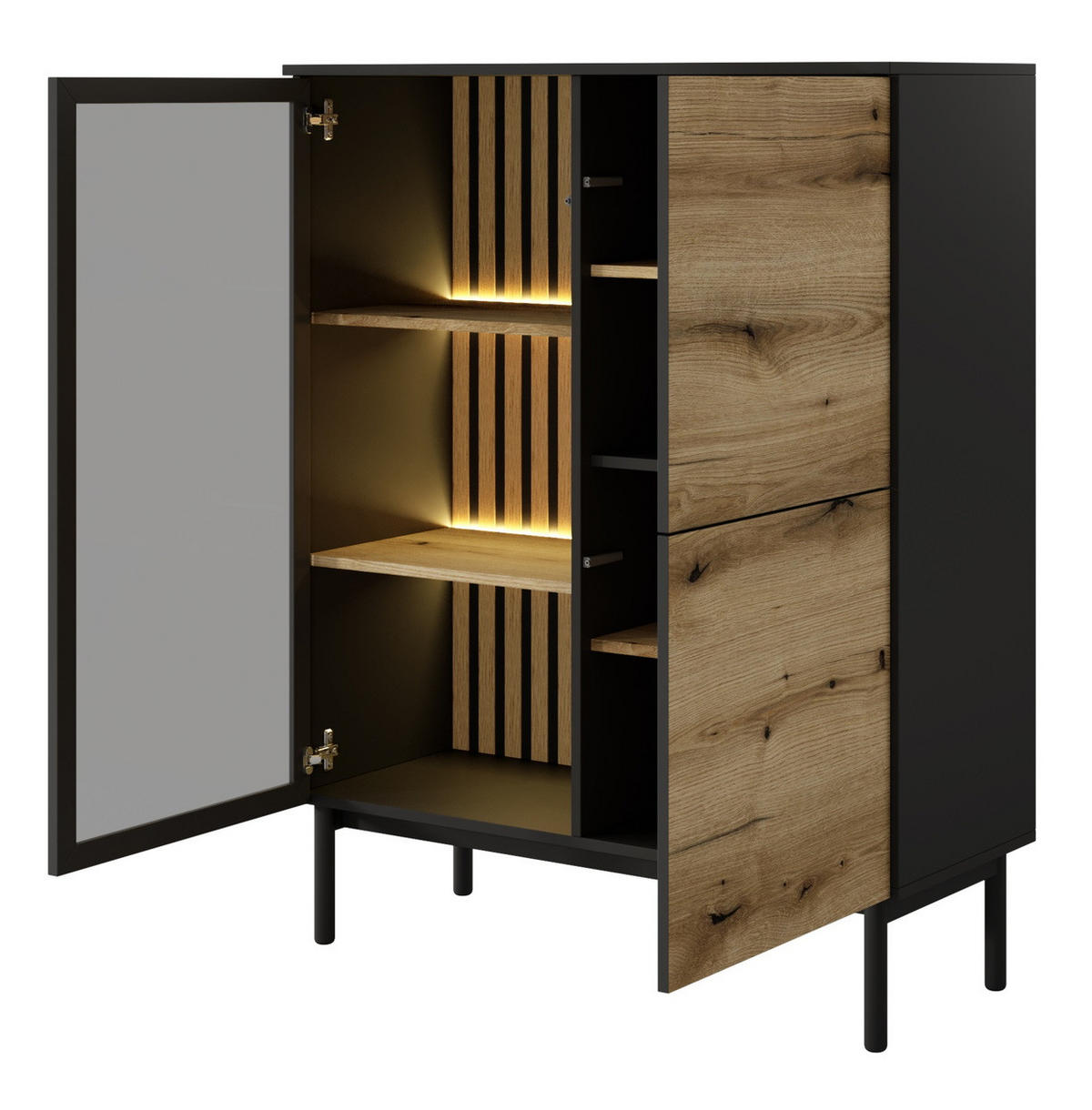 VITRINE 100 cm Jotare, 2 Türen, LED, Schwarz, Eiche Evoke - Schwarz, Holz (100/125/39cm) - Emporius