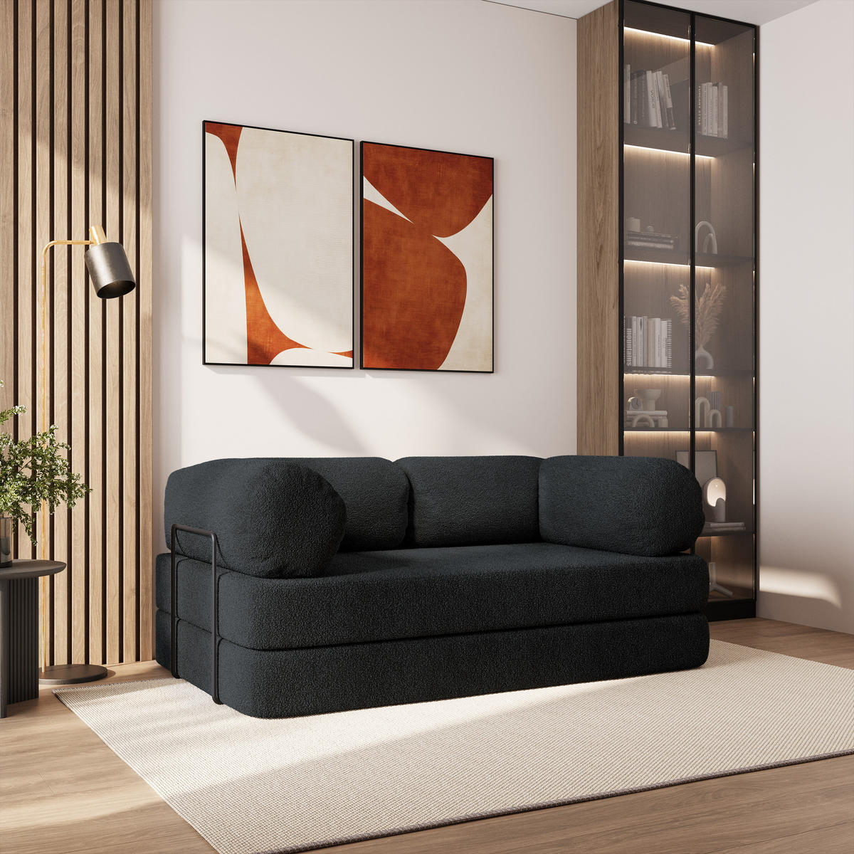 BETTSOFA EIREN aus Schaumstoff Bucle-Stoff Schwarz Schlaffunktion - Schwarz, Textil (170/68/80cm) - MASSENO