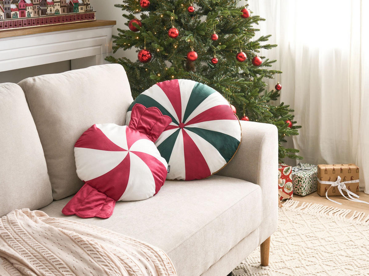 DEKOKISSEN 2er-Set Weiß 55/55 cm Twirl Treats - Rot/Weiß, Textil (55/55cm) - Beliani