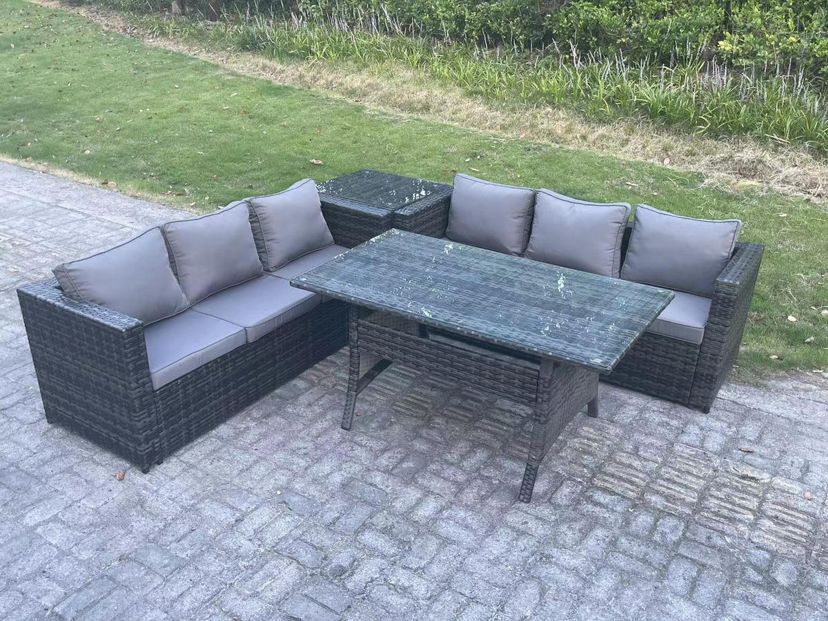 LOUNGEGARNITUR mit Beistelltisch Polyrattan Dunkelgrau 6-Sitzer - Dunkelgrau/Grau, Glas/Kunststoff - Fimous