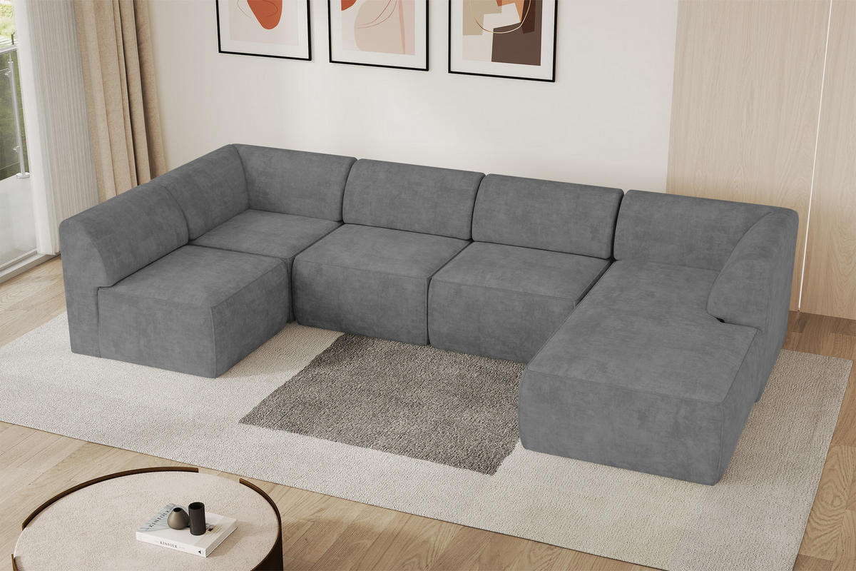 WOHNLANDSCHAFT Ottomane Rechts MOVO-L 345x180x78 cm Grau Velours - Taupe, Holzwerkstoff/Kunststoff (180/78/345cm) - ALTDECOR