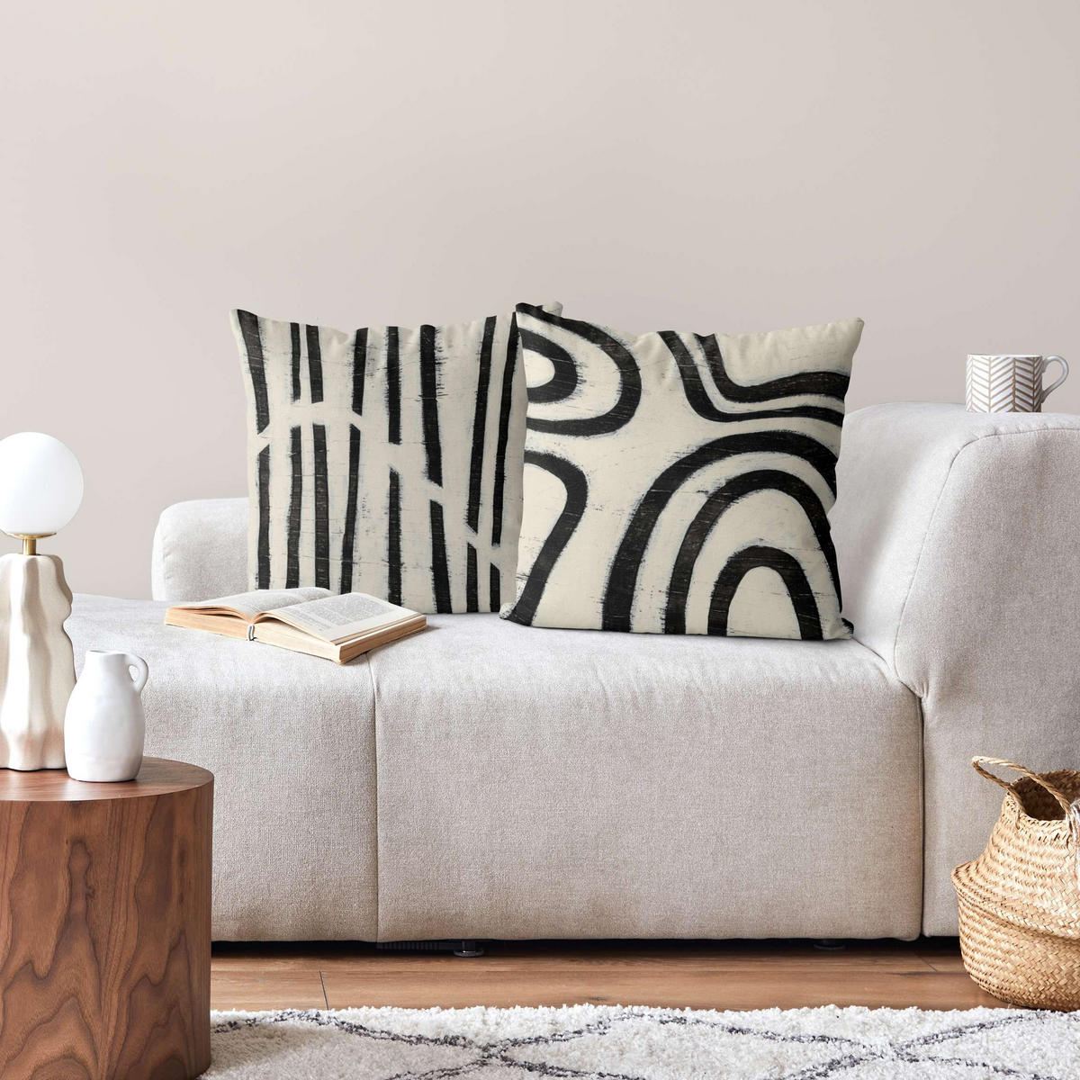 DEKOKISSEN 2er-Set Gemaltes Schwarzes Wellen Streifen Duo 40/40 cm - Schwarz, Textil (40/40cm) - Bilderwelten