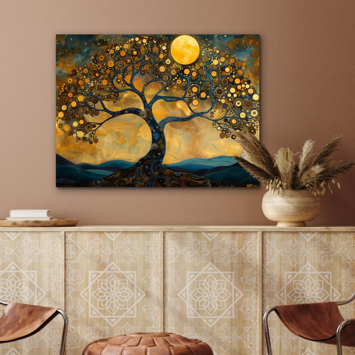 METALLBILD Baum - Mond - Blumen - Gold - Kunst 80x60 cm - Orange, Metall (80/60cm) - MuchoWow