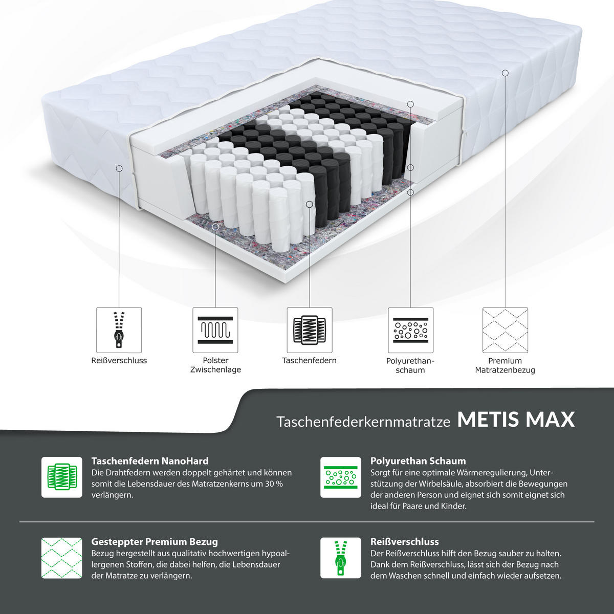 TASCHENFEDERKERNMATRATZE Metis Max - Weiß, Textil (80/200cm) - FDM